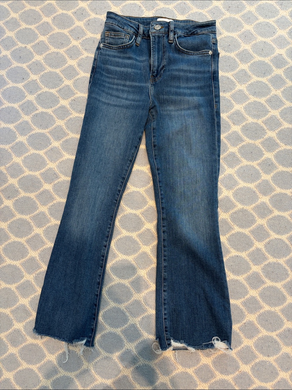 Frame Denim Le Crop Mini Boot Mid-Blue Flare Jeans with Raw Hem